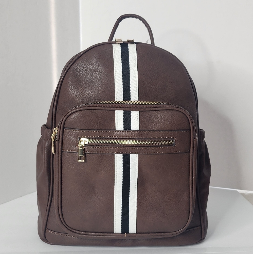 Men's Brown Leather Striped Fashion Unisex Backpack